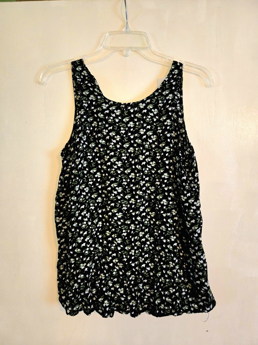 Old Navy Black Floral Tank Top with White and Green Flowers